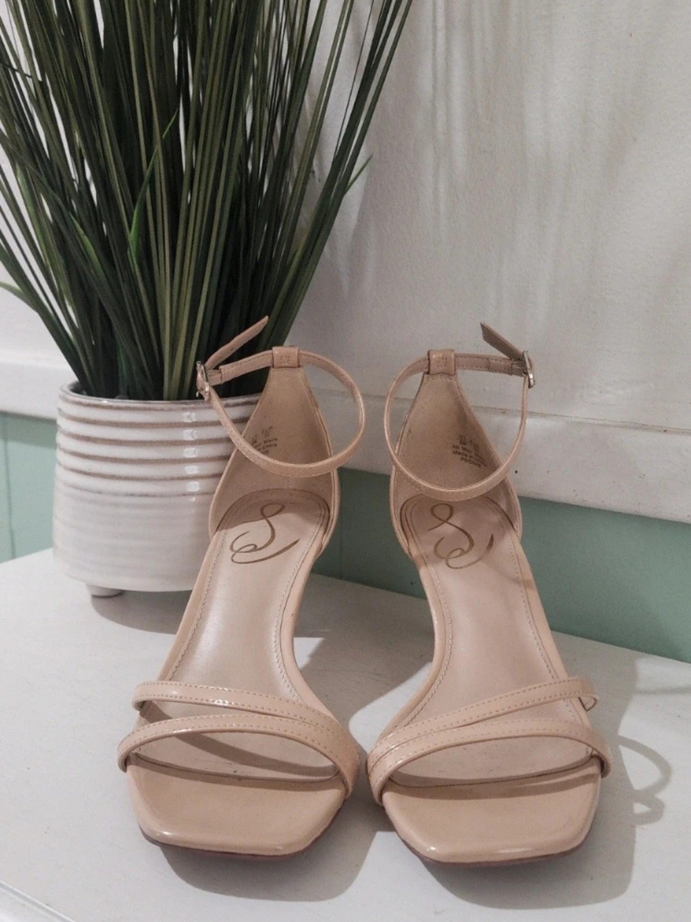 Sam Edelman Beige Patent Ankle-Strap Heels